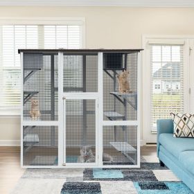 Wooden Catio Outdoor Cat Enclosure, 71" Outdoor Cat House Weatherproof Asphalt Roof (Color: as Pic)
